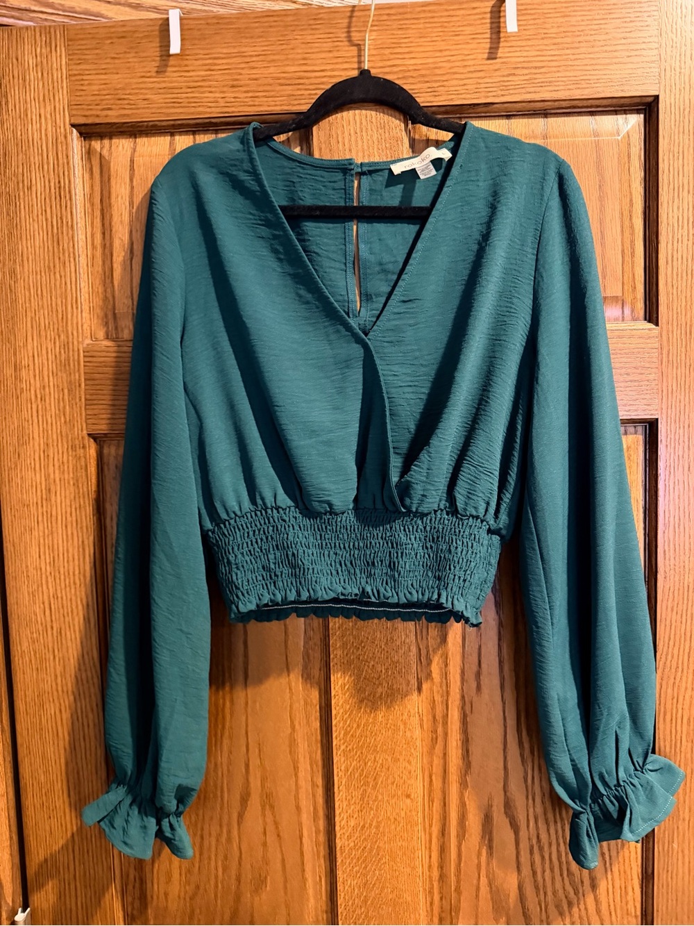Long-Sleeve Smocked Waist V-Neck Top